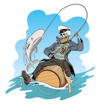 The one-legged captain skeleton on the barrel holding a fishing rod and caught a white whale. Vector illustration.