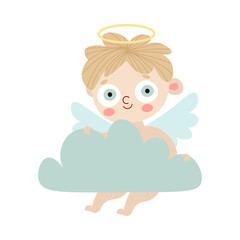 Kid angel with wings and halo holding cloud vector illustration