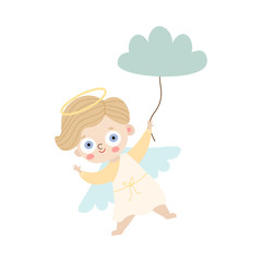 Angel with wings and halo holding cloud balloon vector illustration