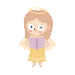 Girl angel standing and holding book in hands vector illustration