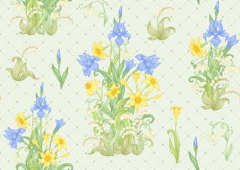 Spring flowers. Narcissus, Iris, lily of the valley, may-lily, Seamless pattern, background. Vector illustration. In art nouveau style, vintage, old, retro style. On soft green background..