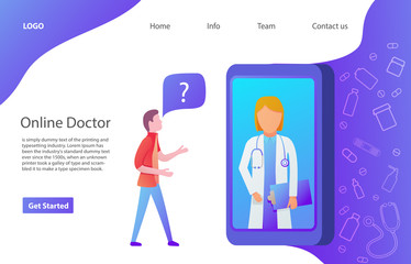 The young man ask a route in the smartphone.Web page.Website template. Flat vector.Woman doctor online concept character.Landing page.Online medical consultation.Medicine and Healthcare concept.