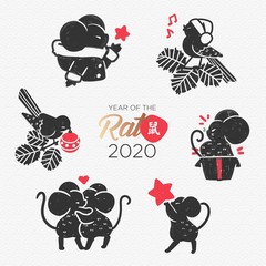 Vector collection of 2020 Chinese New Year simbol. Mouse, Rat horoscope sign. Set of Cute holiday themed Mice in different situations.