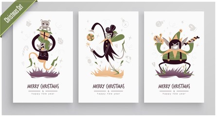 New Year 2020 And Christmas Greeting Card collection. Cute holiday themed Characters and situations