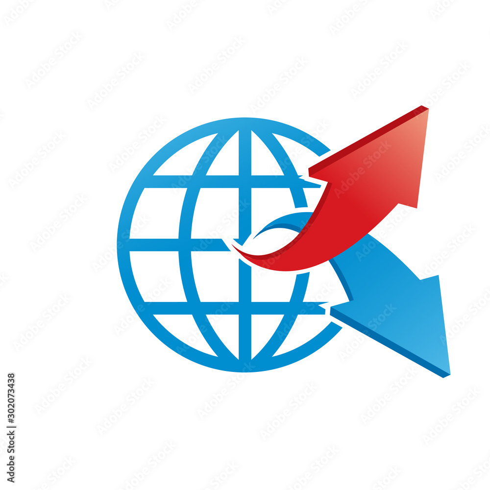Poster blue globe sphere with two up and down arrows. stock vector illustration isolated on white backgroun