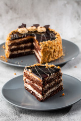 Delicious chocolate cake with white coconut cream on plate on table on marble background. Wallpaper for pastry cafe or cafe menu. vertical.