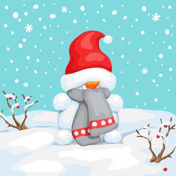 Vector snowman with hat on eyes. Snowman greeting. Cute Christmas greeting card with snowman.
