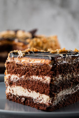 Delicious chocolate cake with white coconut cream on plate on table on marble background. Wallpaper for pastry cafe or cafe menu. vertical.