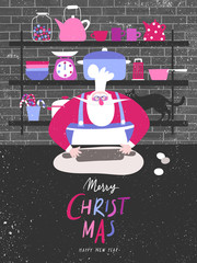 Vector illustration of Santa Claus cooking in a kitchen. Merry Christmas and Happy New Year greeting card.