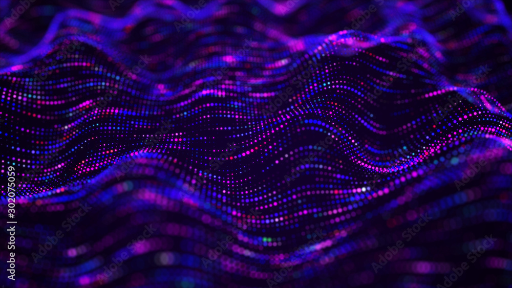 Fototapete Futuristic dots background. Color music sound waves. Big data visualization. 3d rendering.