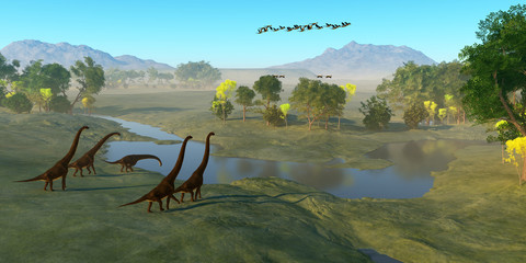 Giraffatitan Dinosaur Valley - A flock of Archaeopteryx birds fly over a herd of Giraffatitan dinosaurs as they reach a river to drink. © Catmando
