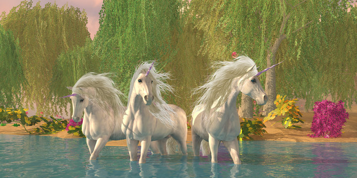 Unicorns and Flowers - A unicorn stallion and two mares cool off in a summer stream bordered by willow trees and flowers.