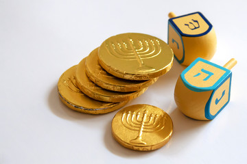 Hanukkah dreidels in a table