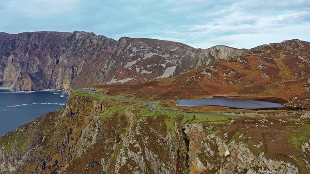 Aerial of Slieve League Cliffs are among the highest sea cliffs in Europe rising 1972 feet or 601 meters above the Atlantic Ocean - County Donegal, Ireland