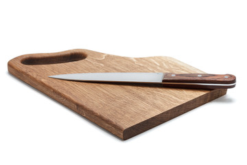 Kitchen Knife Lying On A Cutting Board, White Background