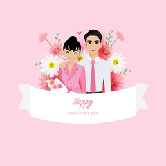 Love couple portrait in flower background. Valentine's Day cartoon character and vintage design vector