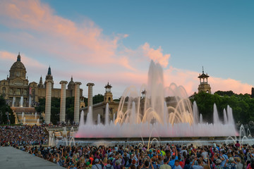 Magic fountain of Montjuic light show at Plaza Espanya in Barcelona.