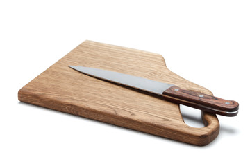 Kitchen Knife Lying On A Cutting Board, White Background