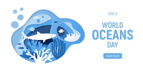 World Oceans Day. Paper art. Holiday dedicated to the protection and preservation of the oceans. Paper cut underwater background with coral reefs. Vector illustration
