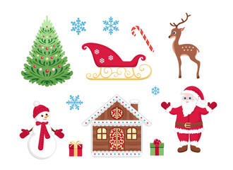 Christmas set of cute vector illustrations. Santa Claus, snowman, Christmas tree, hut, sleigh of Santa Claus, deer, gift boxes with bows, candy cane and beautiful snowflakes. Cartoon simple flat style