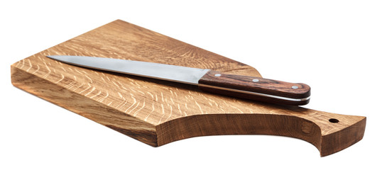 Kitchen Knife Lying On A Cutting Board, White Background