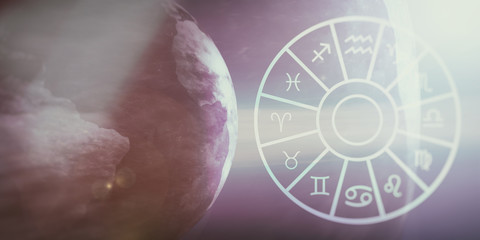 Zodiac signs set on earth and space background