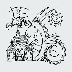 Be Awesome. Cute cartoon dragon with toy castle, doodle childish