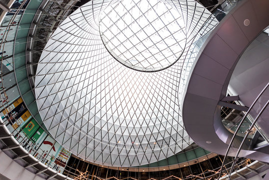 New York City, USA - October 30, 2017: Modern Fulton Center Street NYC Subway Station In Downtown Interior Ceiling Looking Up Isolated Architecture Window In Manhattan Colorful