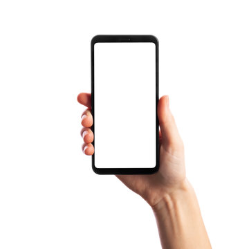 Woman holding smartphone with empty screen isolated on white background, front view. Space for text