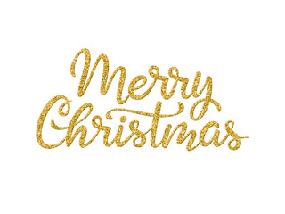 Merry Christmas greeting. Hand drawn lettering decorated with gold glitter texture on white  background