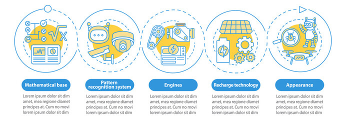Technology in robotics vector infographic template. Business presentation design elements. Data visualization with five steps and options. Process timeline chart. Workflow layout with linear icons