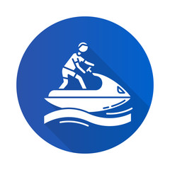Jetskiing blue flat design long shadow glyph icon. Summer activity. Jet ski riding. Man on water scooter. Watersports, extreme and dangerous kind of sport.Vector silhouette illustration