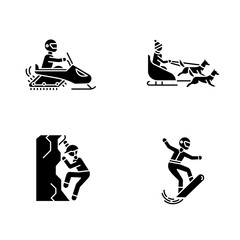 Extreme winter activity glyph icons set. Risky sport, adventure. Cold season outdoor leisure. Snowboarding, ice climbing, snowmobiling and dog sledding. Silhouette symbols. Vector illustration