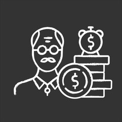 Borrowing from retirement chalk icon. Make investment in pension budget. Loan money, open credit account. Old aged man borrowing money from bank. Isolated vector chalkboard illustration