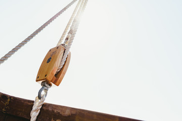 Rigging and ropes on an old sailing ship to sail in summer.