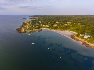 Annisquam Harbor Lighthouse aerial view, Gloucester, Cape Ann, Massachusetts, USA. This historic lighthouse was built in 1898 on the Annisquam River.