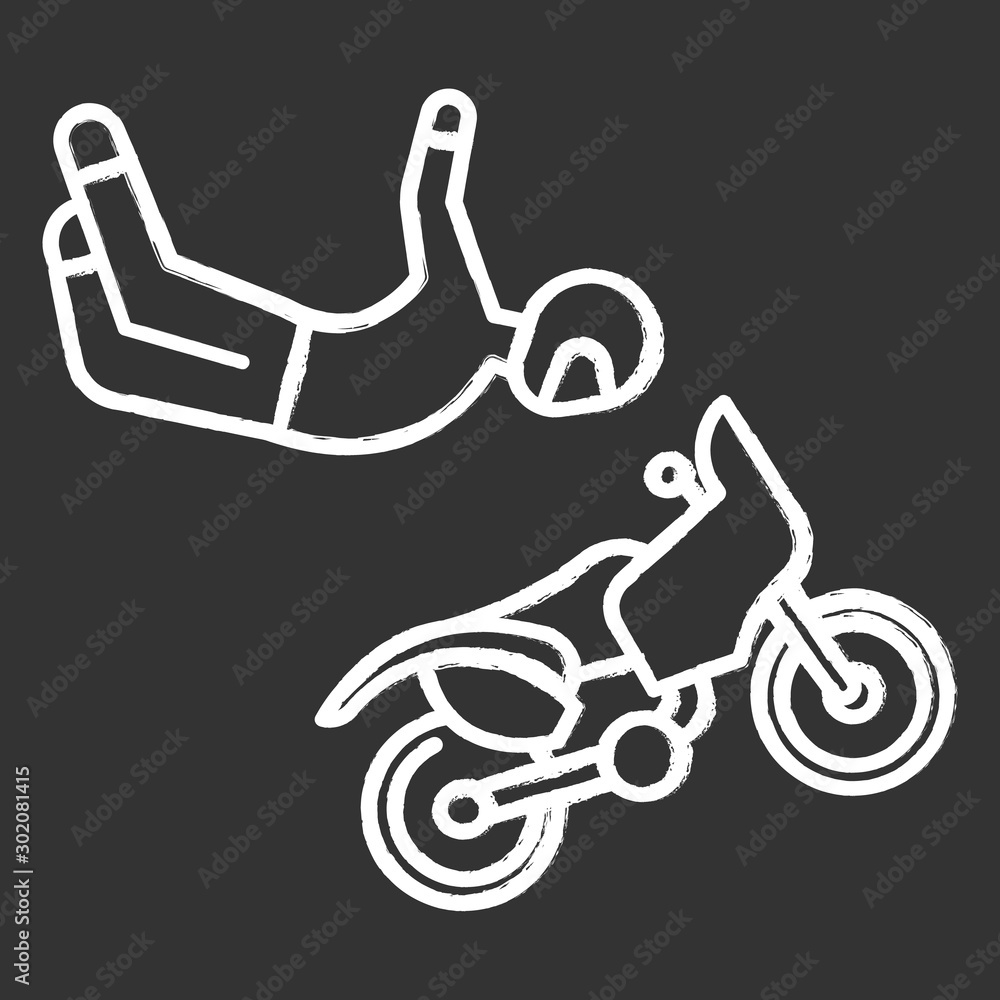 Wall mural Freestyle motocross chalk icon. Motorcycle stunt riding. Person performing motorcycling air stunt. Extreme sport. Isolated vector chalkboard illustration