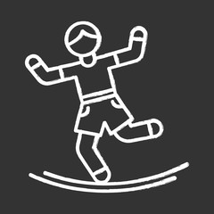 Slacklining chalk icon. Balance training. Slack rope walking. Tightrope walker. Person balancing on suspended webbing. Extreme sport. Isolated vector chalkboard illustration