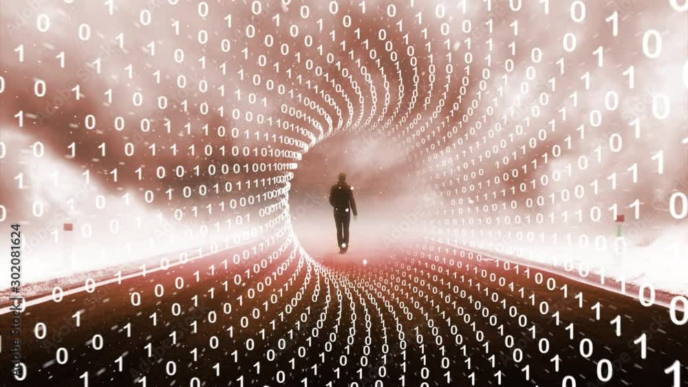 Poster artistic walking on digital binary numbers cyberspace road. futuristic artificial intelligence backg