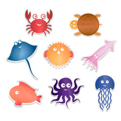 Sea fishes and animals collection - vector illustration.