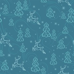 Christmas and New Year background with Christmas trees and reindeer. Seamless blue pattern. Holiday background template. Vector illustration