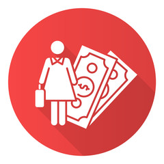 Female economic red flat design long shadow glyph icon. Woman rights, gender equality. Female finance career. Successful businesswoman. Feminism, democracy. Vector silhouette illustration