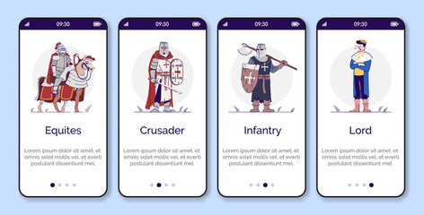 Fototapeta na wymiar Medieval personages onboarding mobile app page screen vector template. Four walkthrough website steps with flat cartoon characters. Old age king and knights. UX, UI, GUI smartphone interface concept