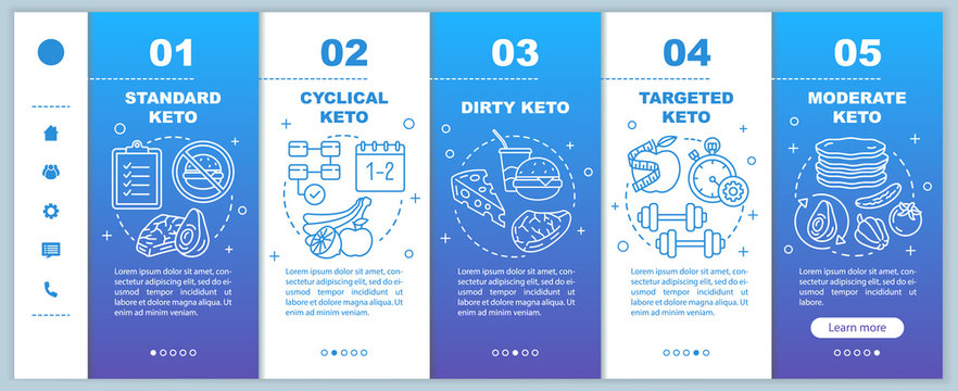 Types of keto diets blue onboarding mobile web pages vector template. Responsive smartphone website interface idea with linear illustrations. Webpage walkthrough step screens. Color concept