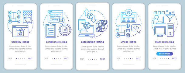 Non-functional software testing onboarding mobile app page screen vector template. Usability analysis. Walkthrough website steps with linear illustrations. UX, UI, GUI smartphone interface concept