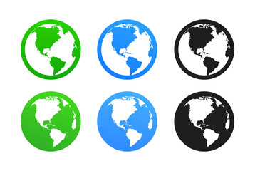 Earth icon set, World Globes green, blue and black colors isolated on white - Vector icon illustration for Travel Company, Eco product decoration or logistic applications.