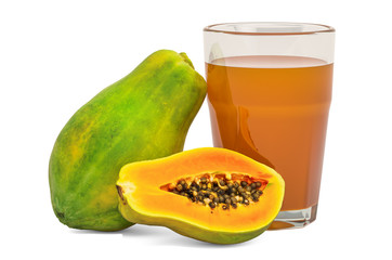 Glass of papaya juice with papaya, 3D rendering © alexlmx