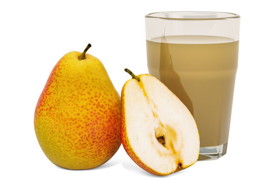 Glass of pear juice with pears, 3D rendering