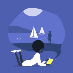 Fototapeta premium Imagination and meditation, young black female character reading a book about Fantasy landscapes and adventures