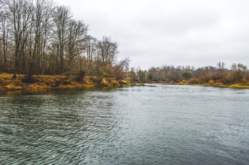 Gloomy autumn landscape with a river. Trees without leaves in autumn periud.